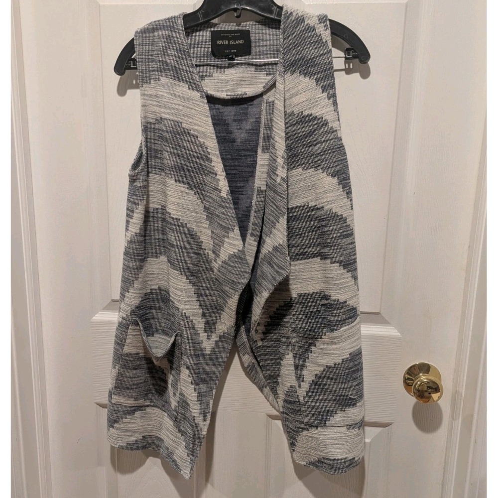 Boho Southwestern Longline Vest River Island 10 Blue Cream Open Front Aztec